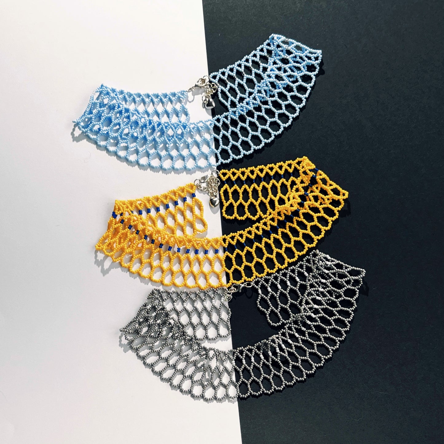 Bee Nest modern necklace in three variants blue yellow and grey