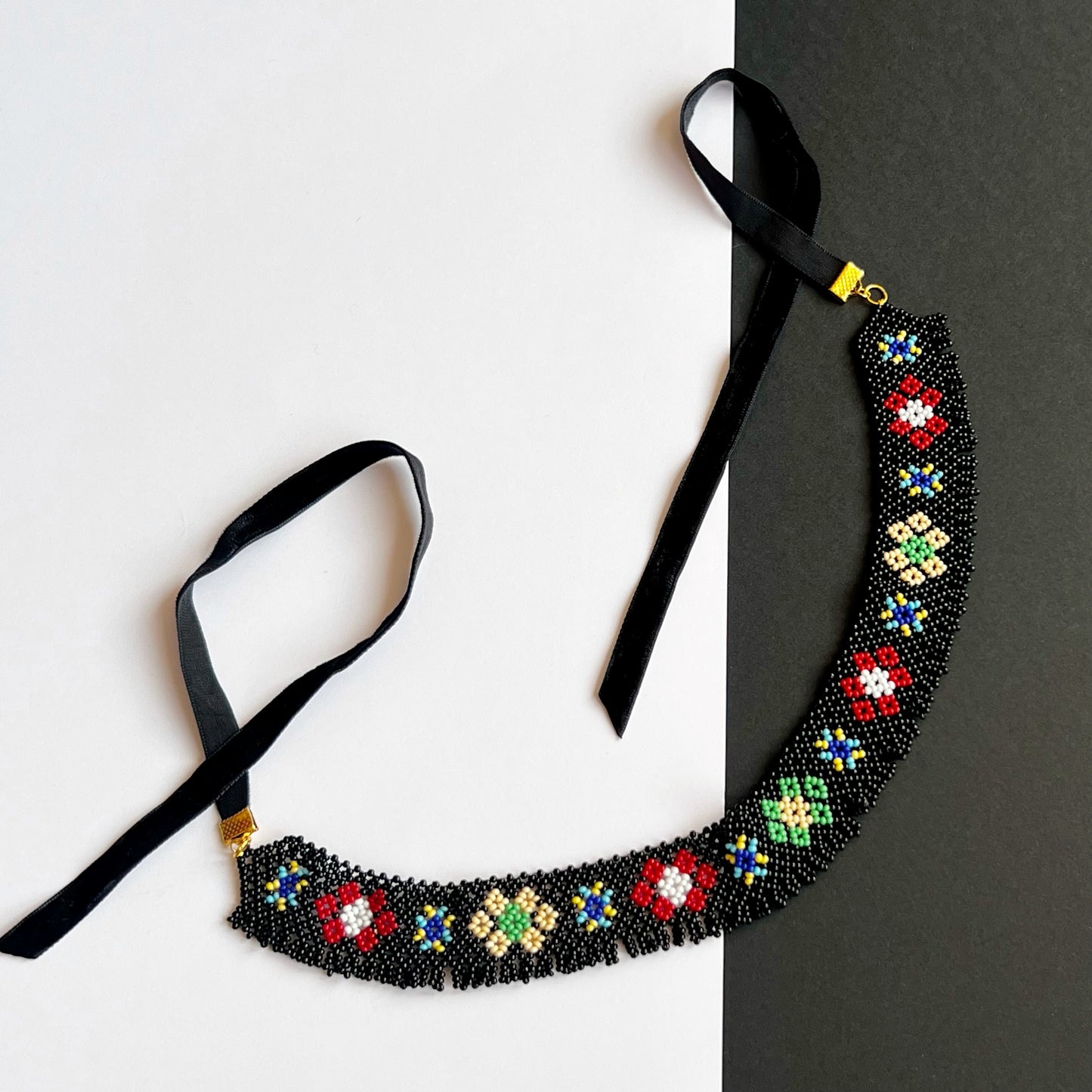 Vyshyvanka heritage sylianka necklace with black base and colored designs with velvet clasp