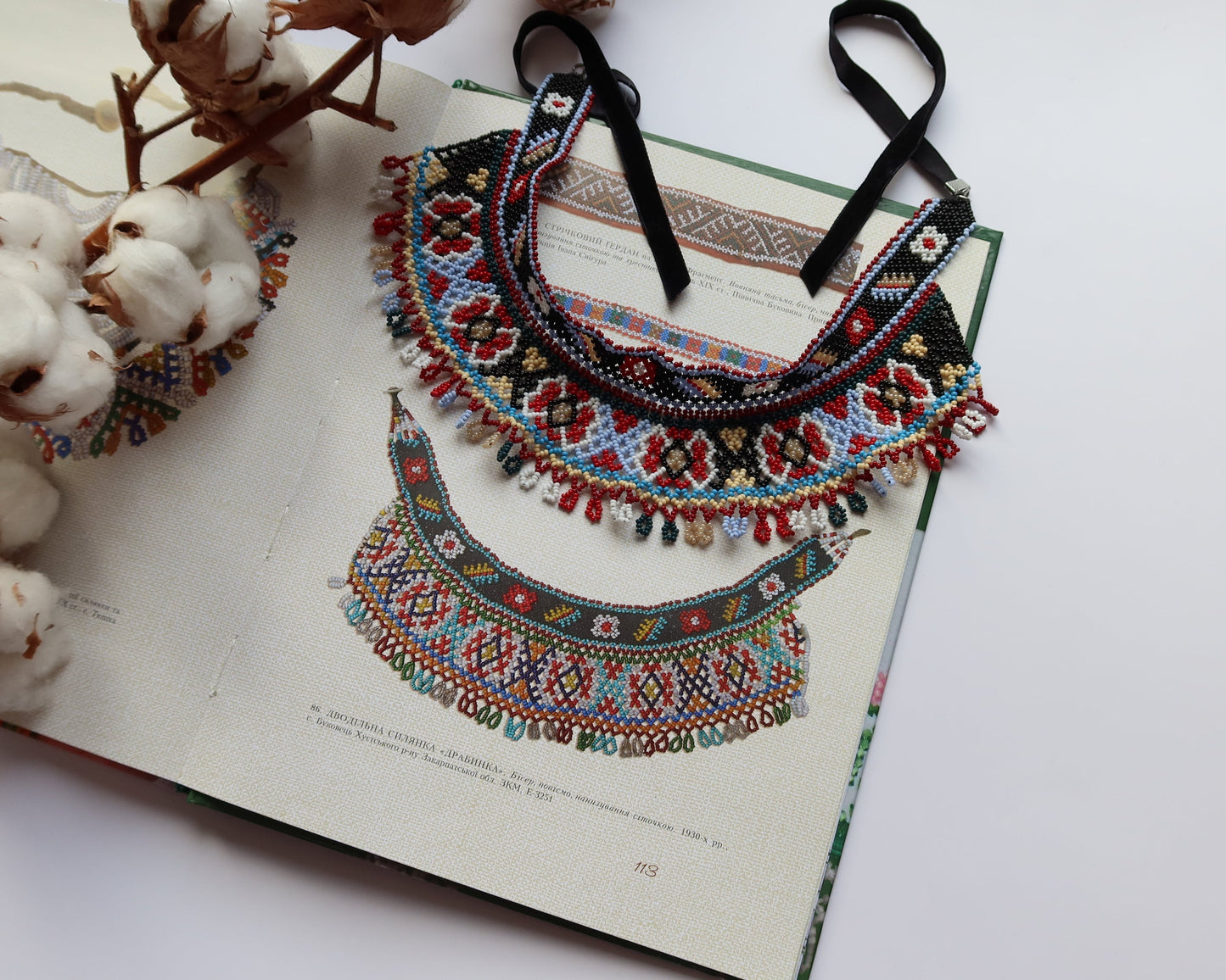 Comely UA two-part Silyanka Ladder beaded necklace replica with red, black, white, blue, yellow, and brown Czech seed beads.
