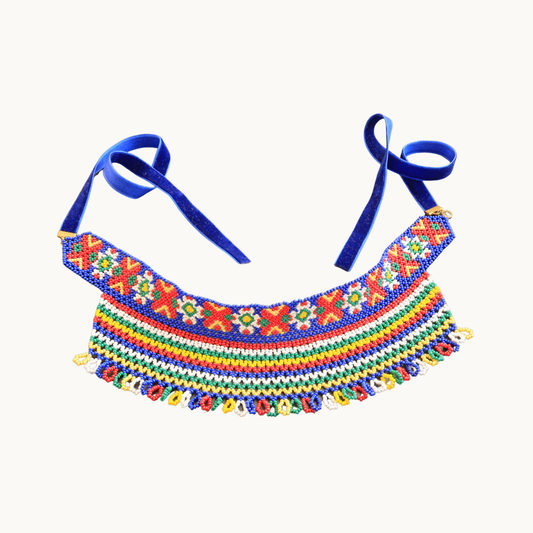 Colorful beaded belt with floral patterns on a white background
