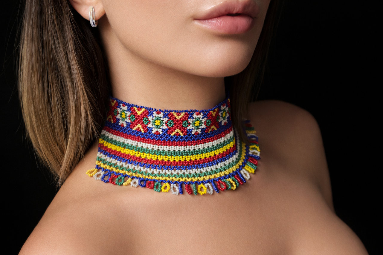 Close-up of a colorful beaded choker necklace on a black background
