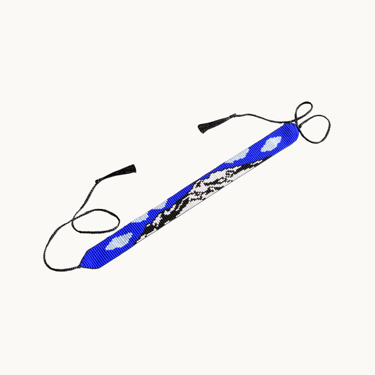 Blue and black patterned lanyard on a white background