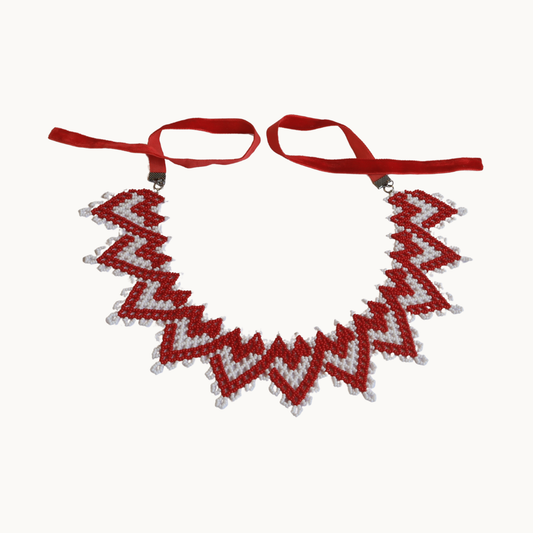 Red and white beaded necklace on a white background