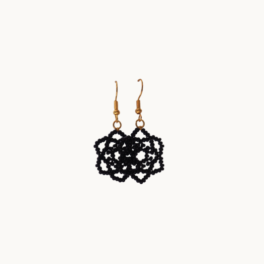 Black floral earrings on a white background