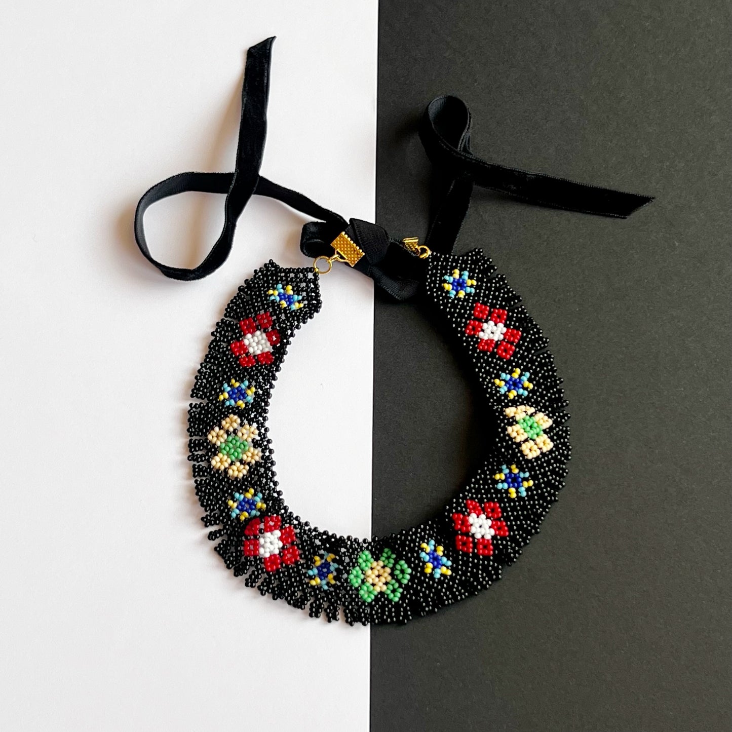Vyshyvanka heritage sylianka necklace with black base and colored designs