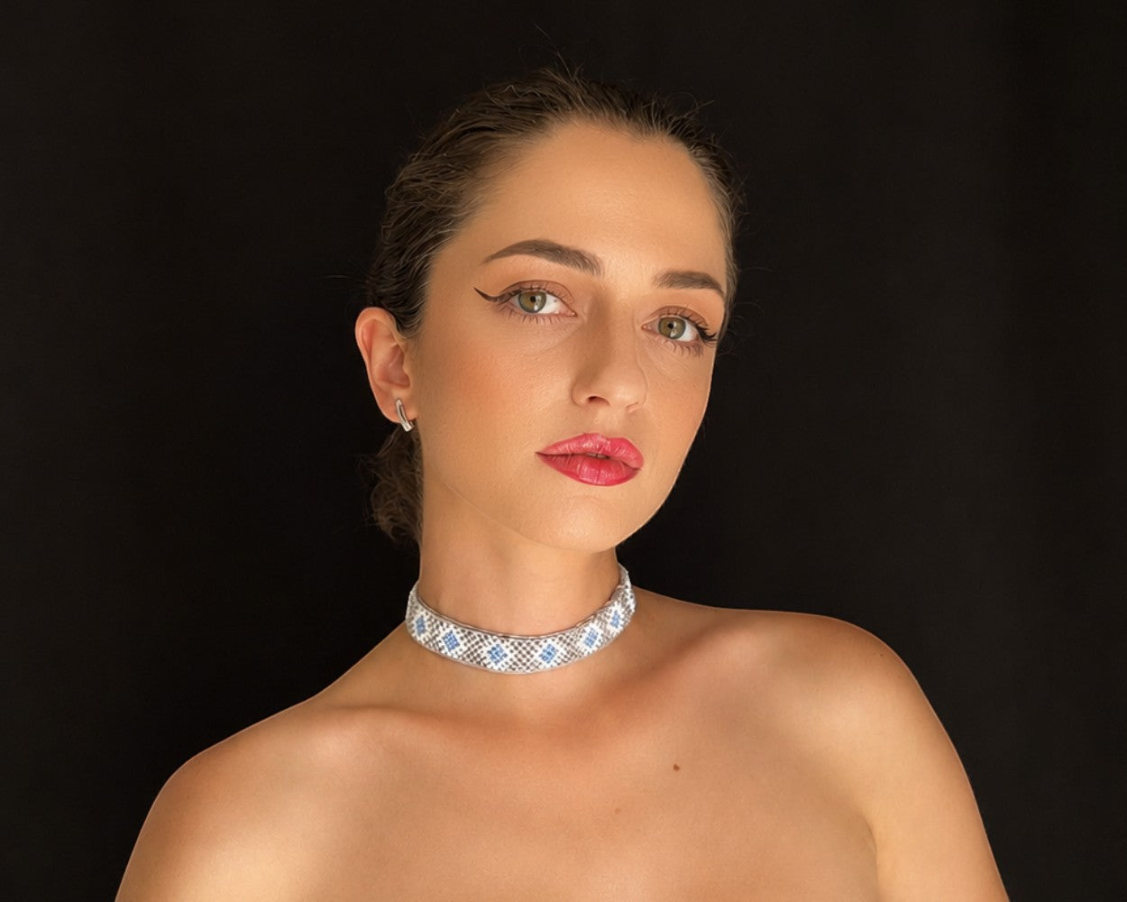Comely UA beaded choker necklace with blue and white rhombic pattern, inspired by traditional Ukrainian art.