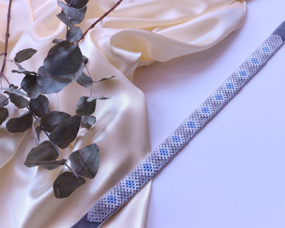Comely UA beaded gerdan necklace with blue, white, and grey rhombic pattern, inspired by Ukrainian heritage.