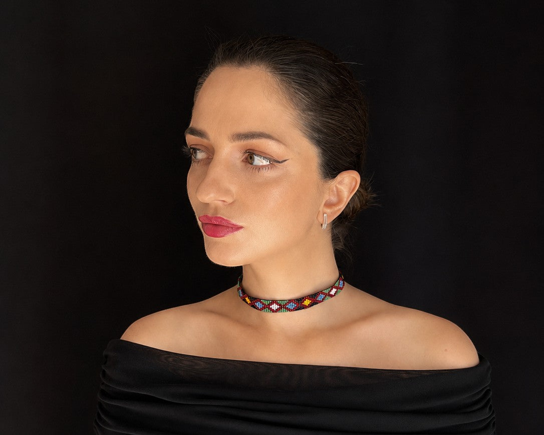 Comely UA beaded gerdan necklace with diamond motif in red, yellow, blue, green, and white Czech seed beads.