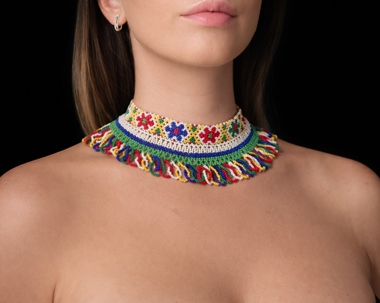 Comely UA beaded silyanka choker with floral and fringe details in red, blue, yellow, green, and white.