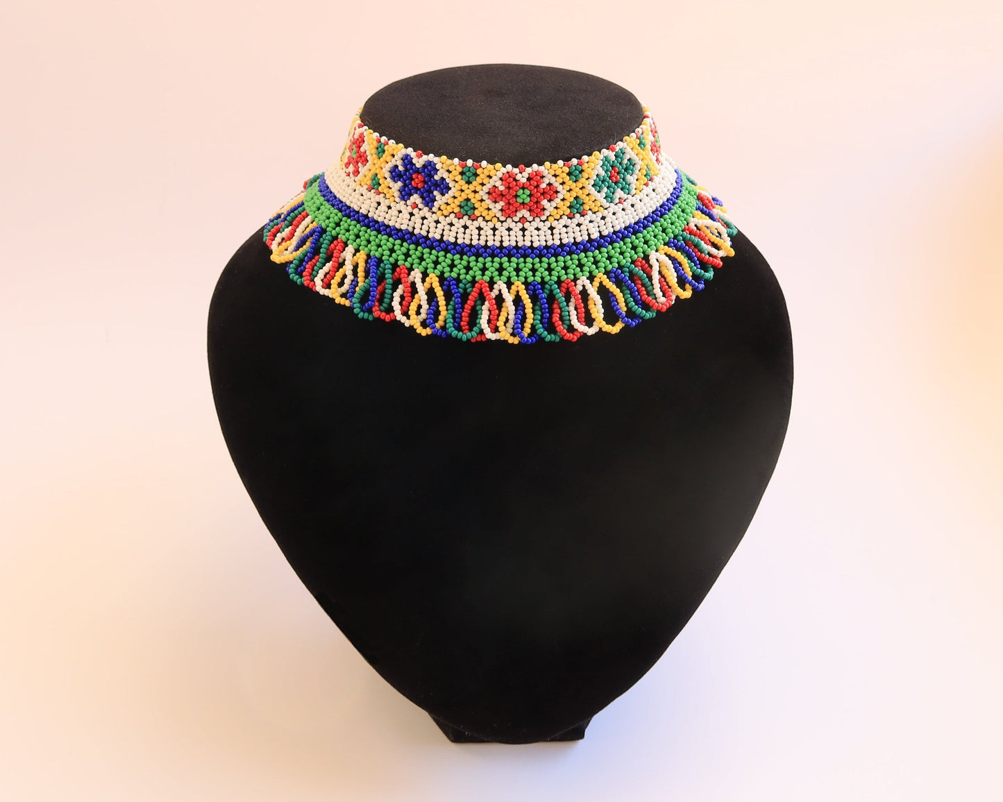 Comely UA beaded silyanka choker necklace with floral and geometric patterns in red, yellow, green, blue, and white.