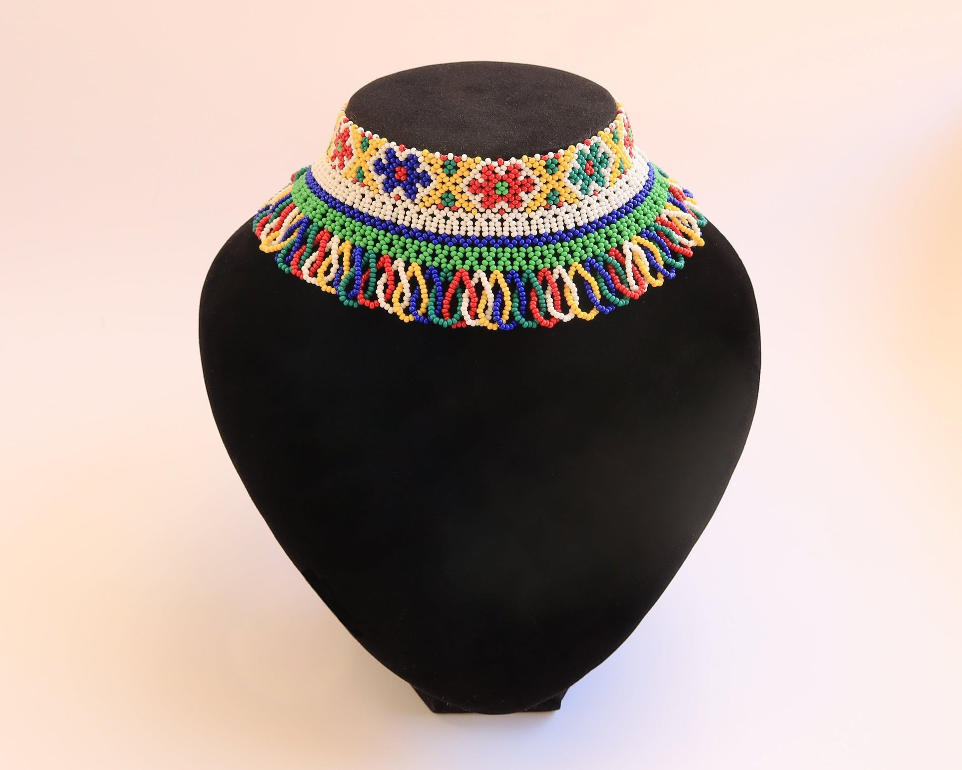 Comely UA beaded silyanka choker necklace with floral and geometric patterns in red, yellow, green, blue, and white.