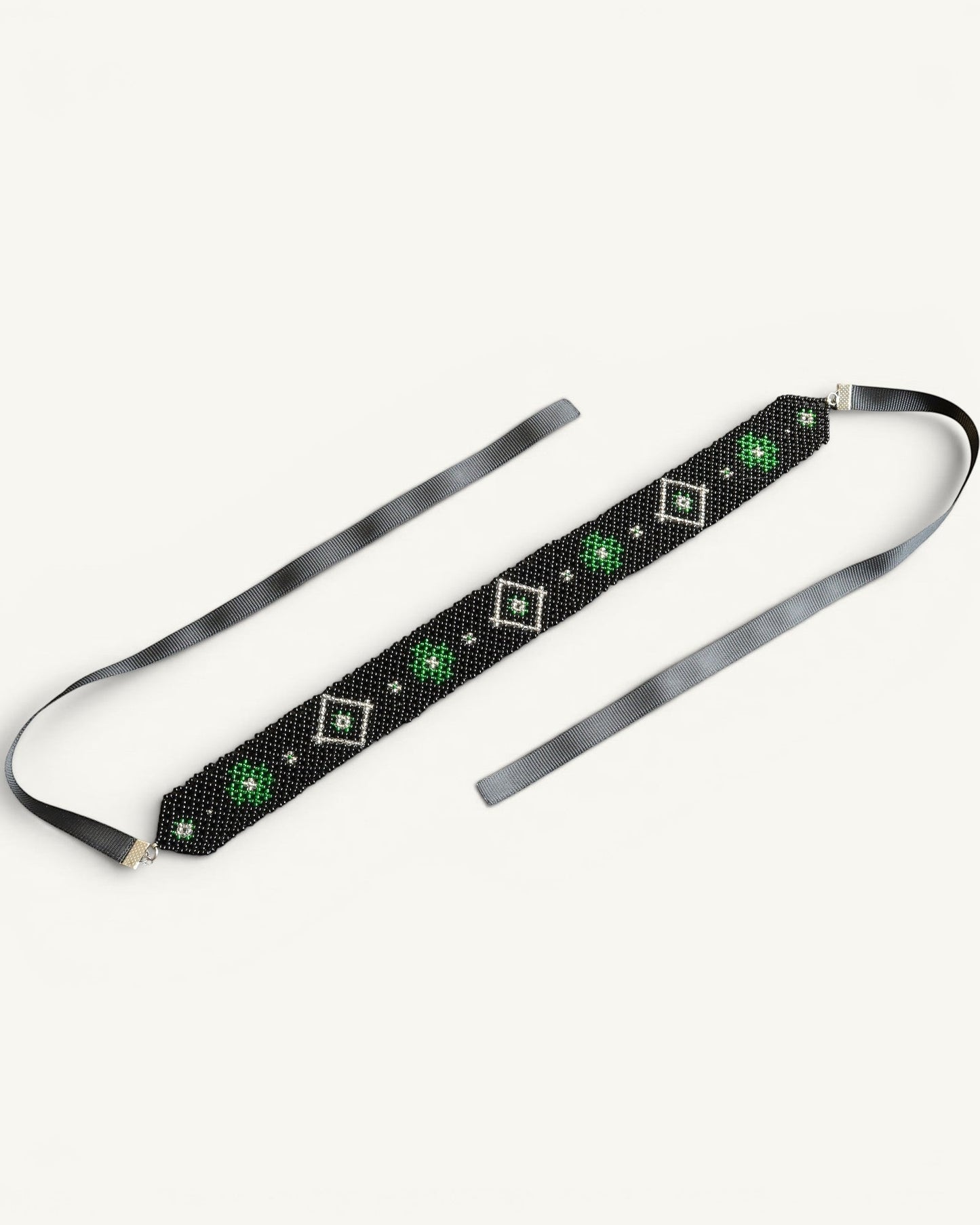 Comely UA black and green beaded gerdan necklace with diamond pattern and satin ribbons. Czech seed beads.