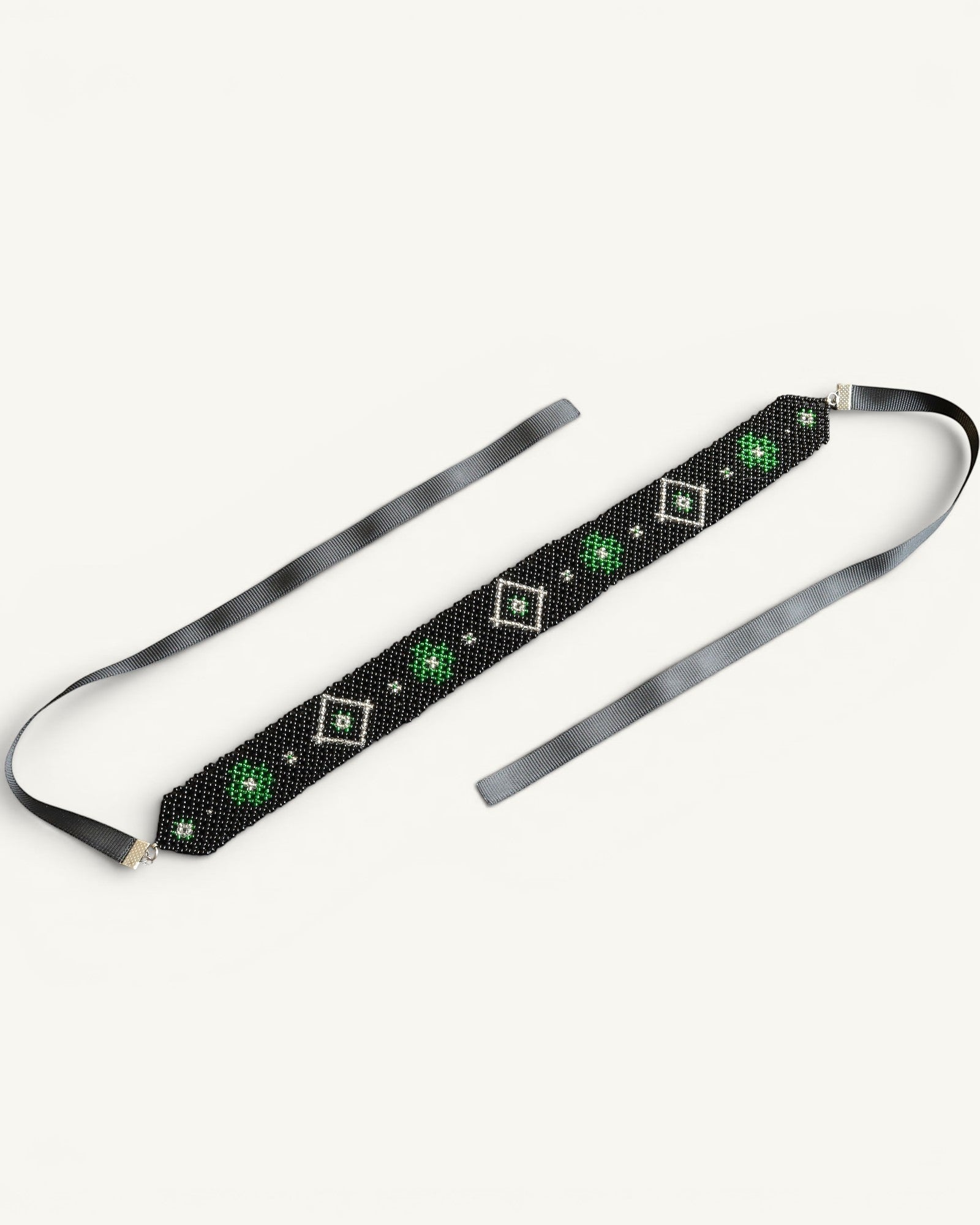 Comely UA black and green beaded gerdan necklace with diamond pattern and satin ribbons. Czech seed beads.