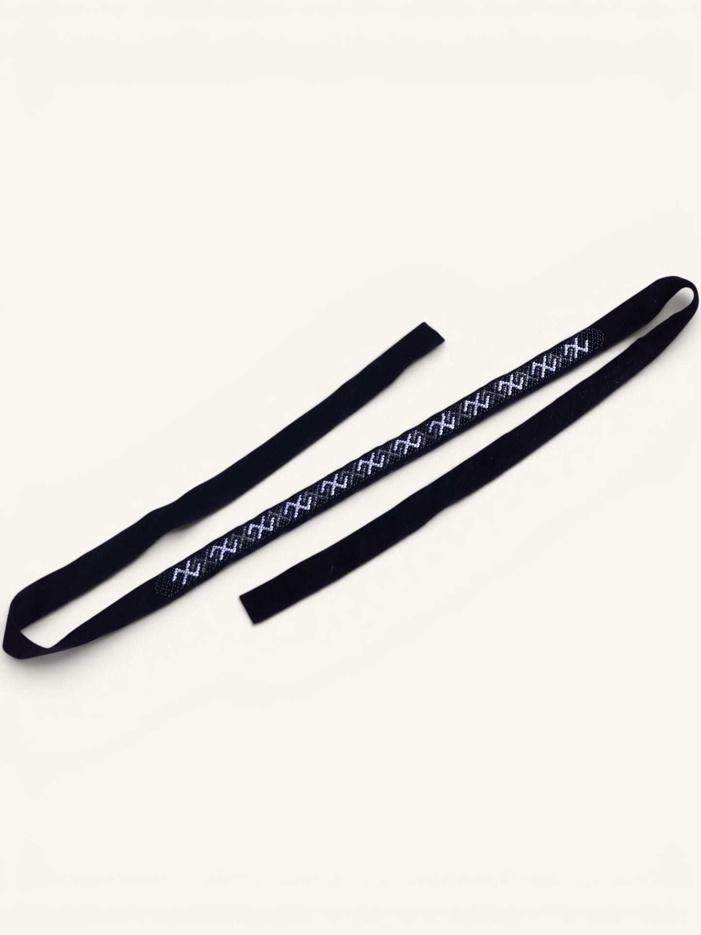 Comely UA Black Path gerdan necklace with geometric diamond and cross pattern in white Czech seed beads and black velvet ties.