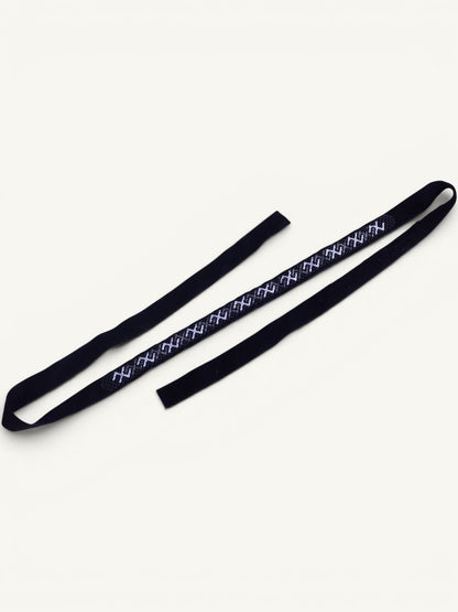Comely UA Black Path gerdan necklace with geometric diamond and cross pattern in white Czech seed beads and black velvet ties.