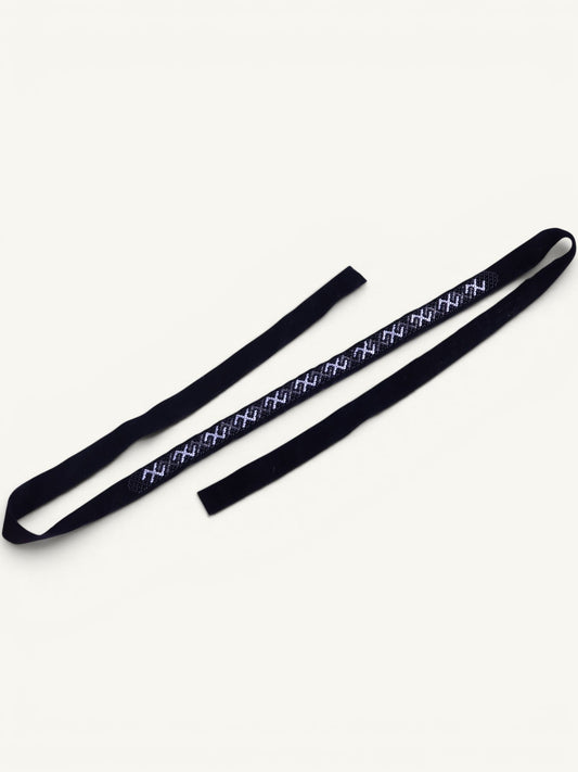 Comely UA Black Path gerdan necklace with geometric diamond and cross pattern in white Czech seed beads and black velvet ties.