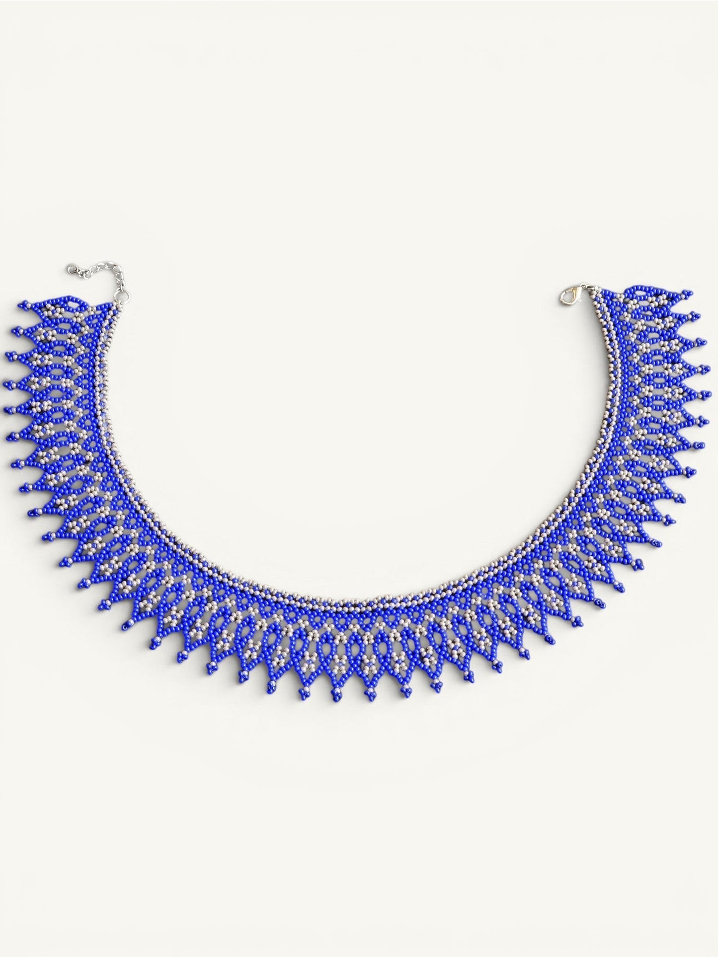 Comely UA blue and silver beaded silyanka choker necklace with flame pattern. Czech seed beads.