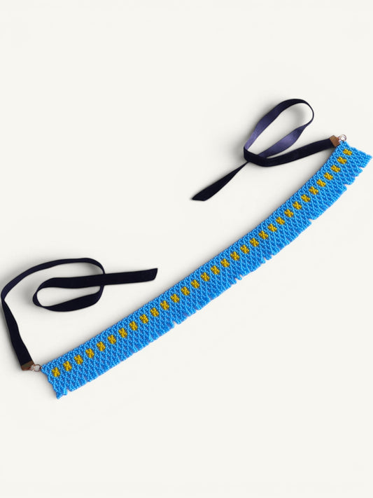 Comely UA blue beaded necklace with yellow seed bead accents and velvet ties, inspired by Pokuttian beadwork traditions.
