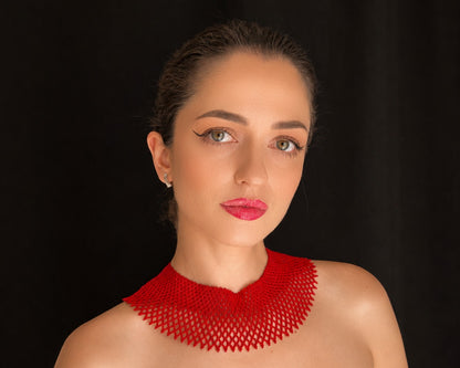 Comely UA Classic Sylianka red beaded necklace, a traditional Ukrainian neckpiece with a modern design. Features a wide, flat, woven choker style in vibrant red.