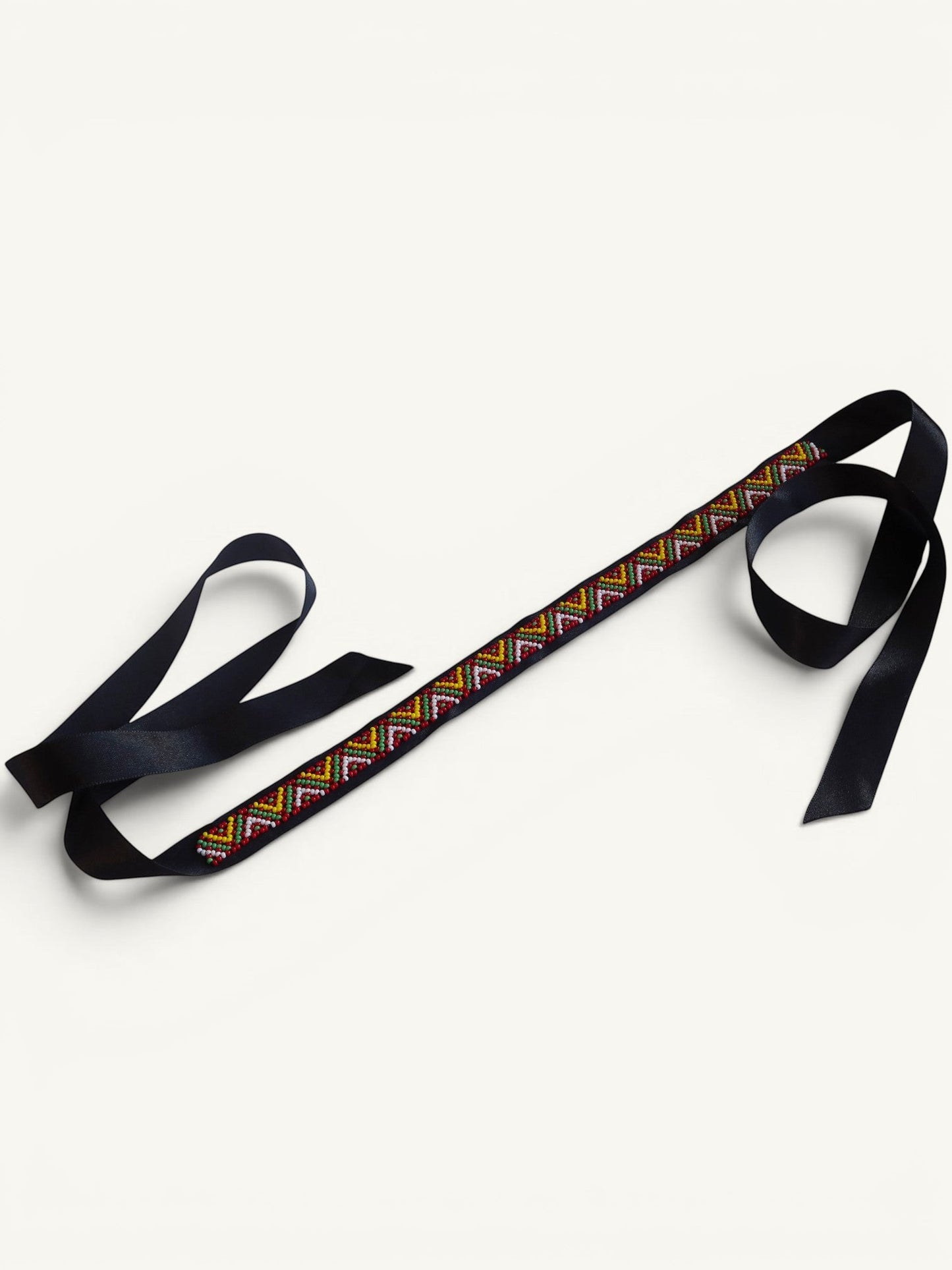 Comely UA Gerdan traditional bead ribbon with red, yellow, and green diamond motif on black satin ribbon.