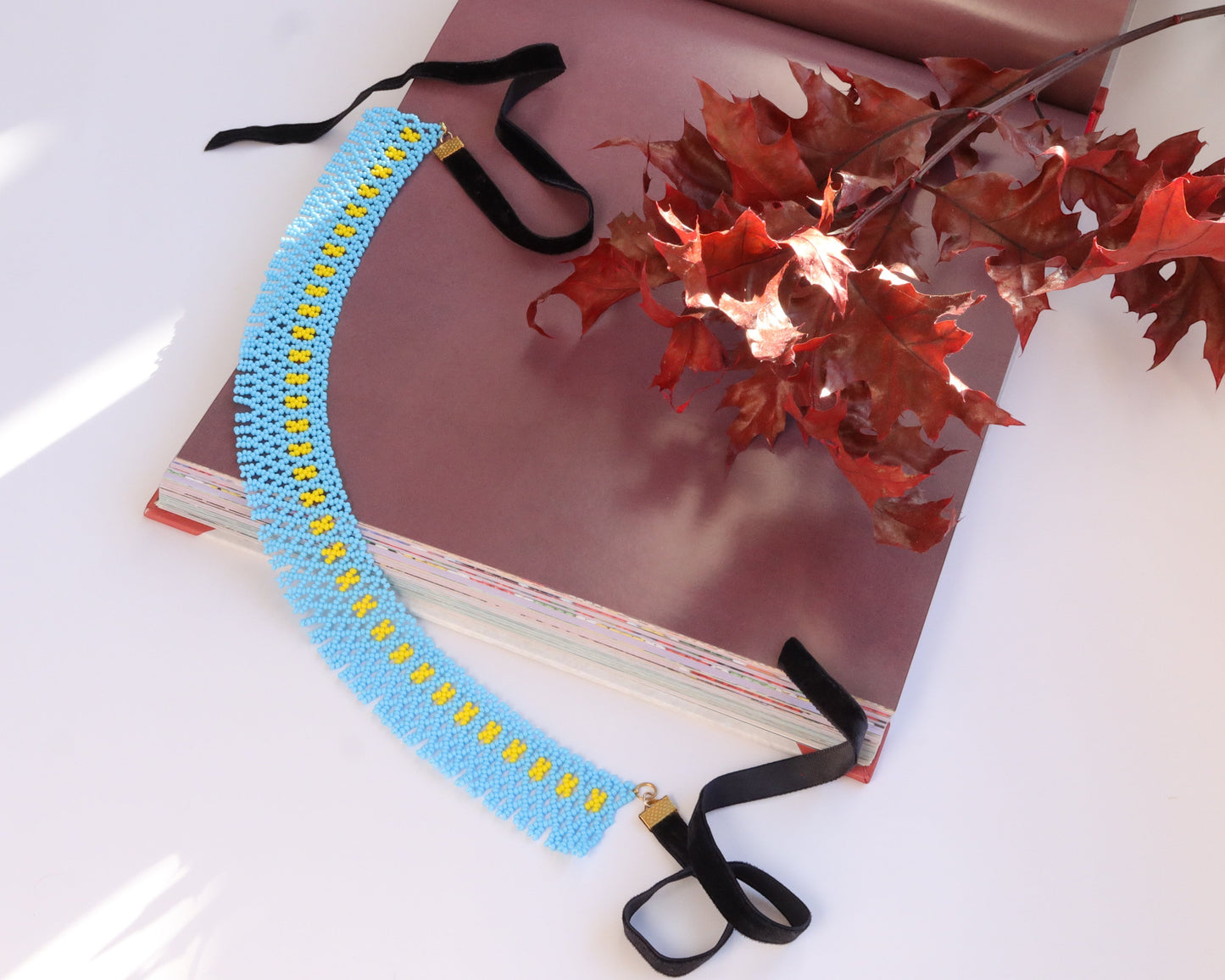 Comely UA Gerdan Hrushka beaded necklace, light blue with yellow seed bead accents, velvet ties.