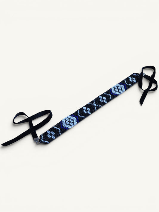 Comely UA black, blue, and white beaded gerdan necklace with traditional Ukrainian pattern and velvet ribbons.