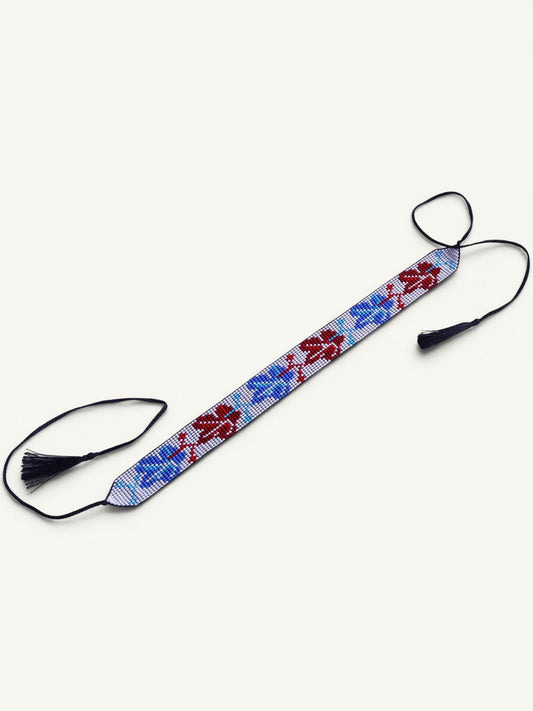 Comely UA beaded gerdan necklace with blue and red leaf pattern, adjustable cords with tassels.