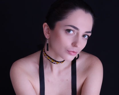Comely UA Gerdan "Three Fires" beaded choker with red, yellow, green diamond motif on black velvet ribbon and matching earrings.