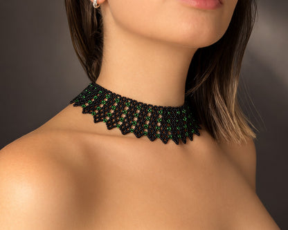 Comely UA black and green beaded choker necklace with geometric pattern, inspired by Ukrainian tradition.