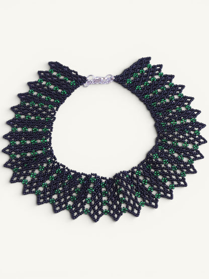 Comely UA green and dark blue beaded necklace with geometric pattern and adjustable clasp. Inspired by Ukrainian design.