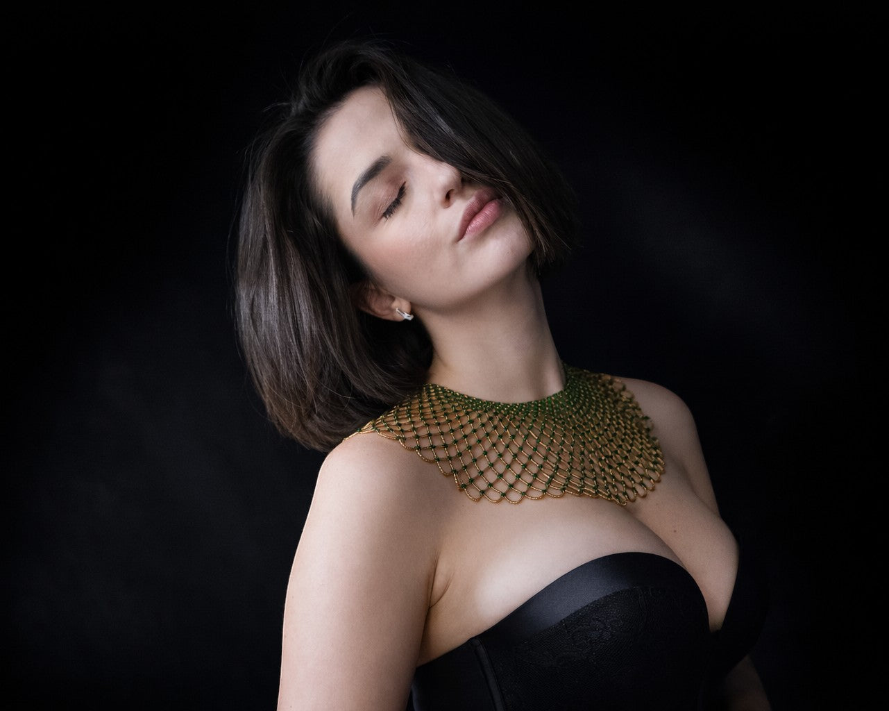 Comely UA Kupava beaded collar necklace in gold and green Czech seed beads, modern interpretation of Ukrainian traditional jewelry.