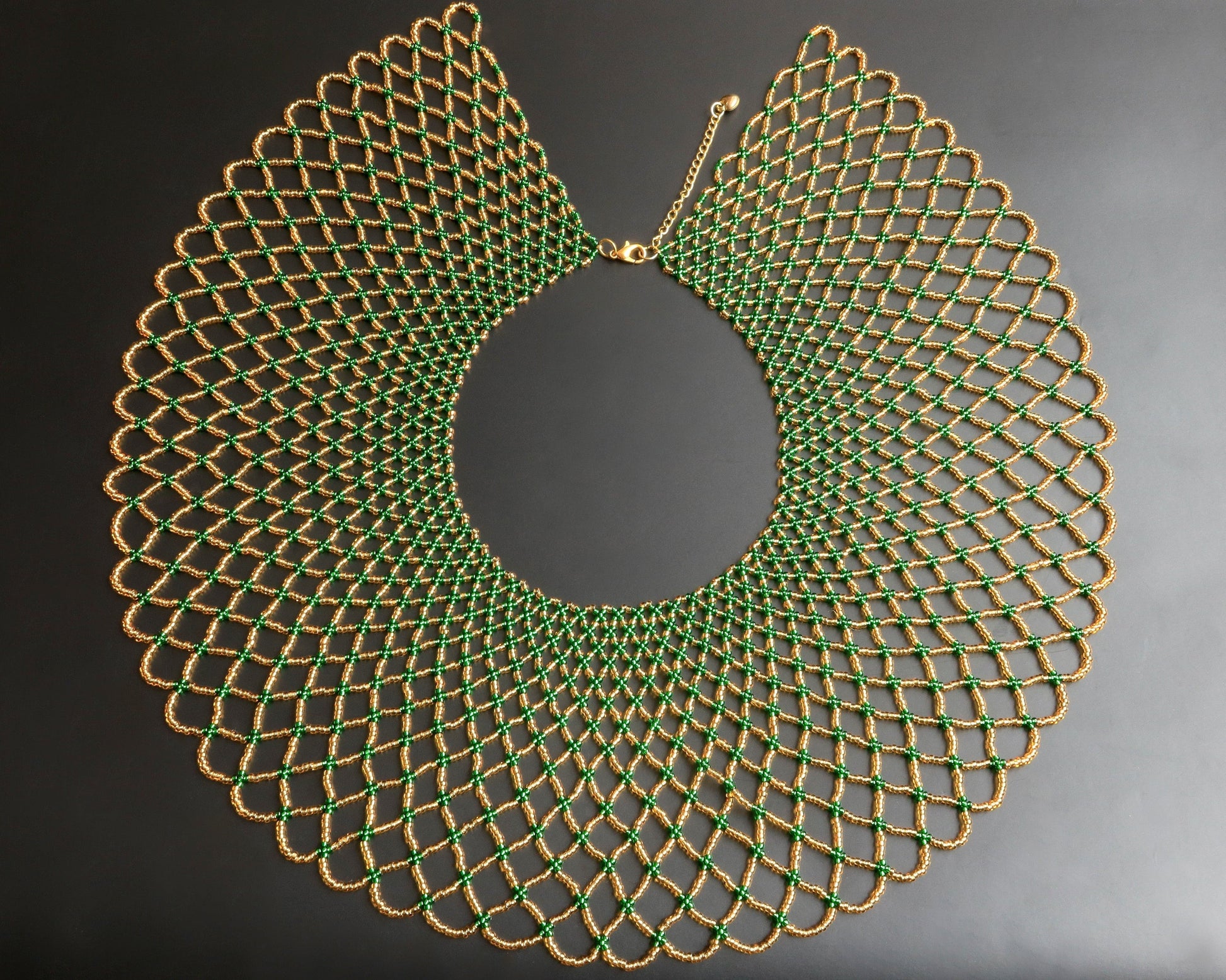 Comely UA Kupava beaded collar necklace in green and gold Czech seed beads with adjustable clasp.