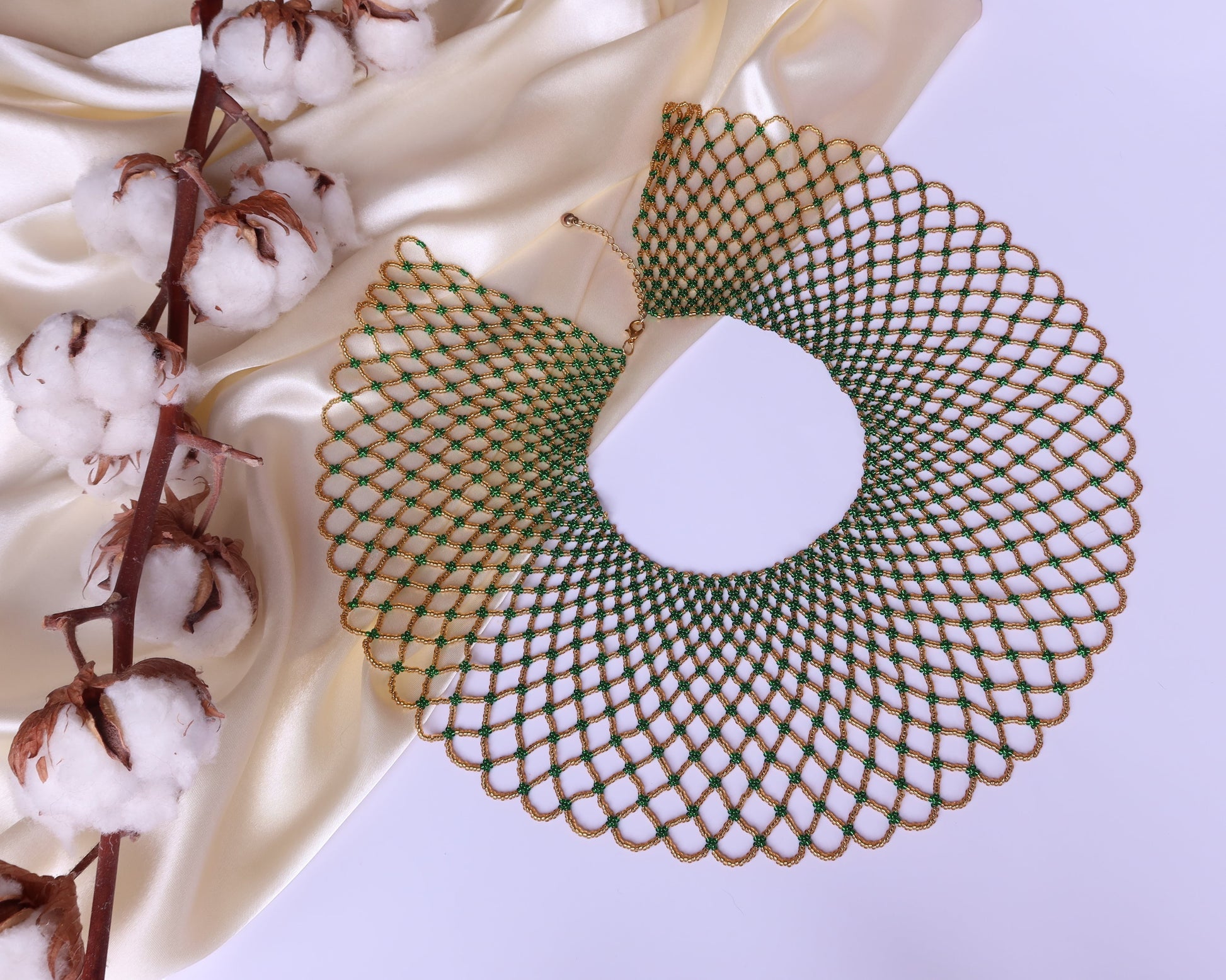 Comely UA Kupava beaded collar necklace in green and gold Czech seed beads, inspired by Ukrainian tradition.