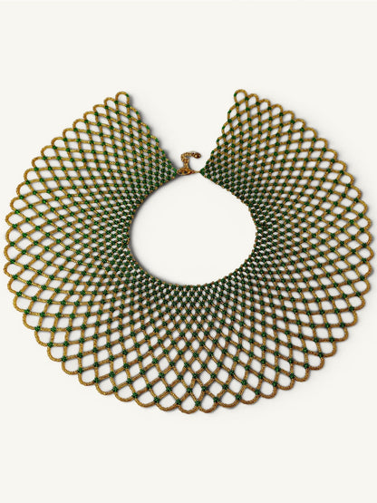 Comely UA Kupava beaded collar necklace in green and gold Czech seed beads with adjustable clasp. Modern take on traditional Ukrainian design.