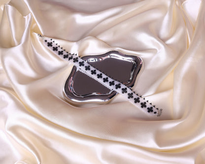 Comely UA Ladana gerdan with black cross pattern on transparent base, made of Czech seed beads.