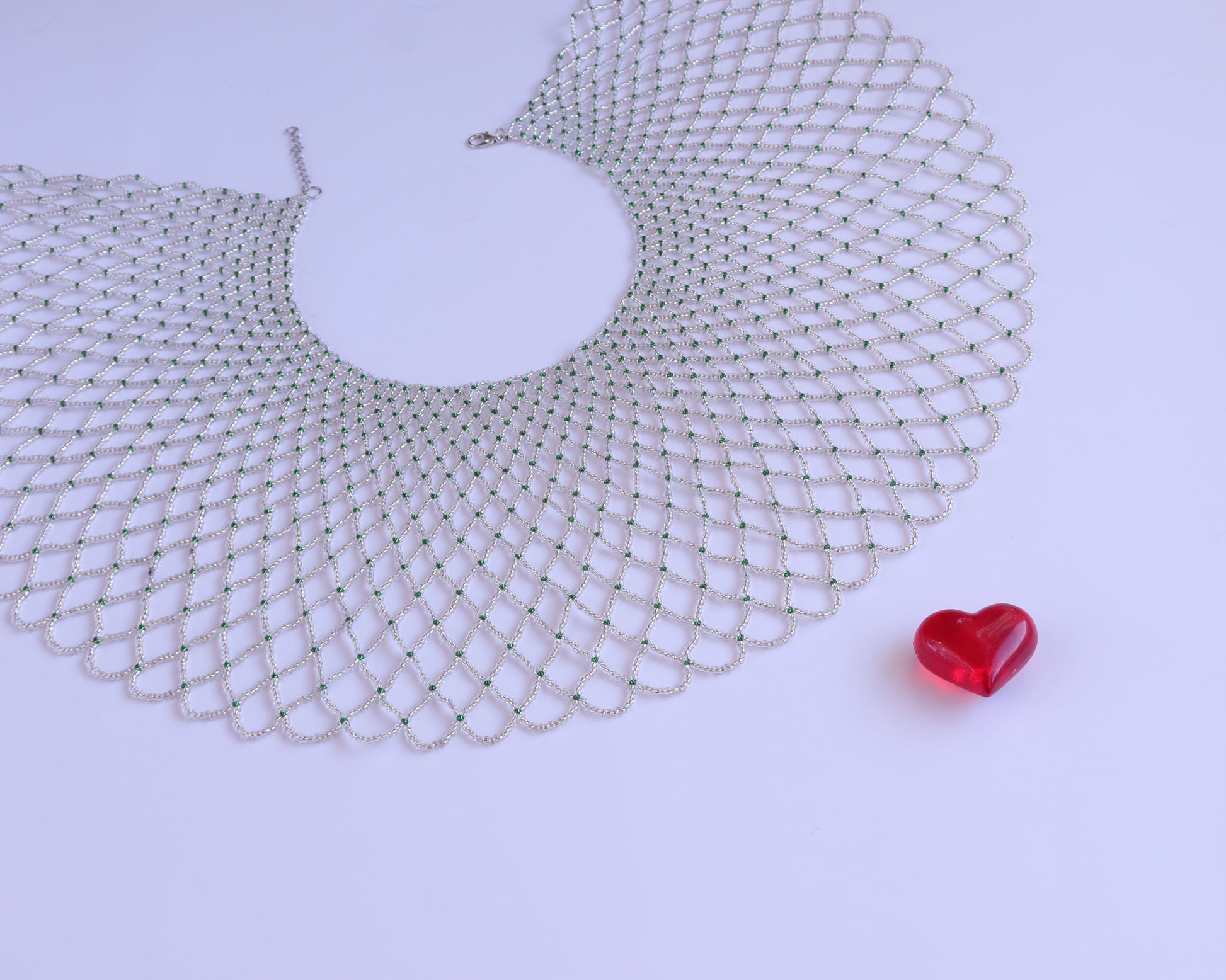 Comely UA "Living Net" collar necklace, silver and green Czech seed beads, delicate lattice design, inspired by Ukrainian beadwork.