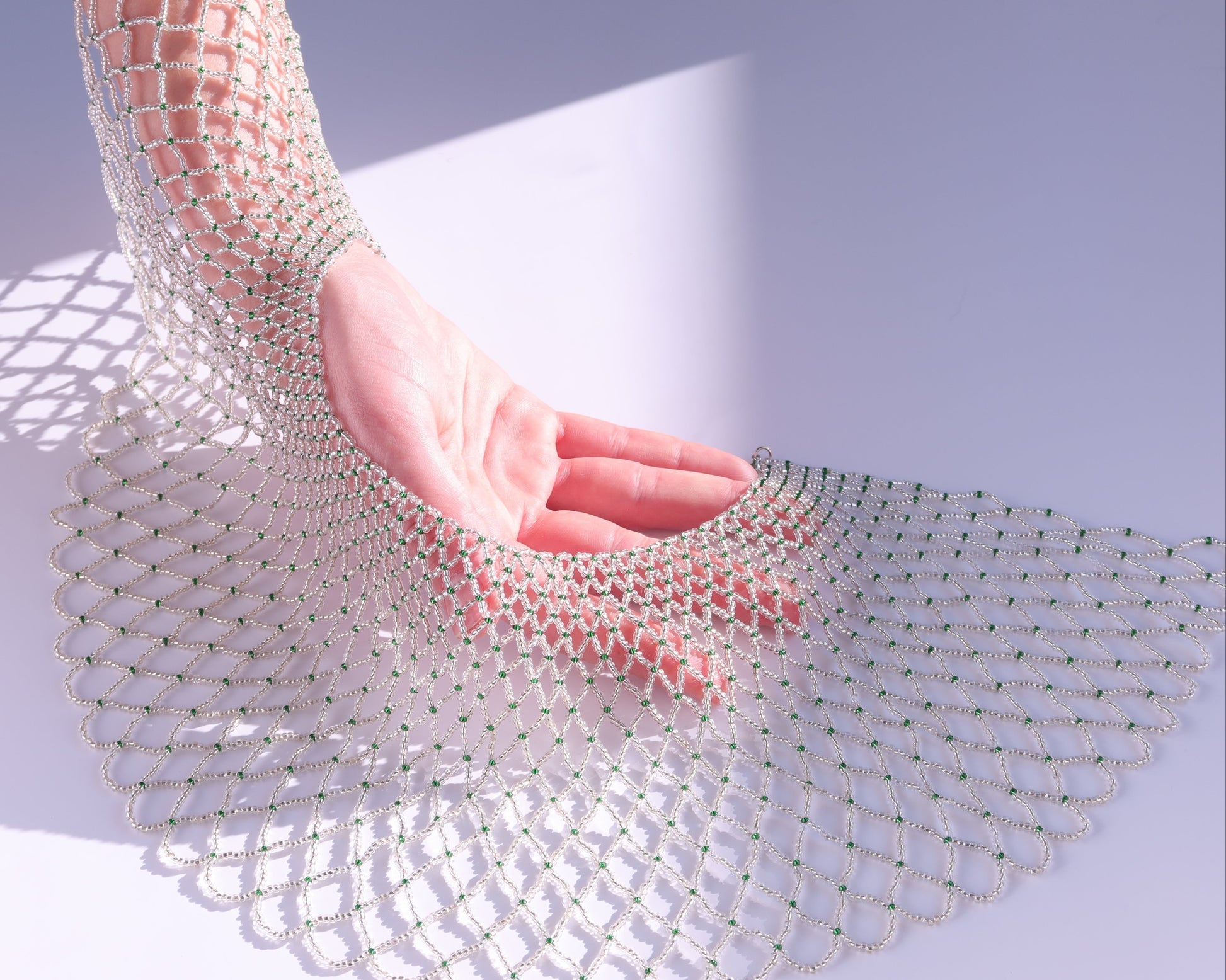 Comely UA "Living Net" beaded collar necklace with silver and green Czech seed beads, delicate lattice design.
