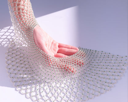 Comely UA "Living Net" beaded collar necklace with silver and green Czech seed beads, delicate lattice design.