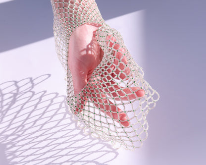 Comely UA "Living Net" kryvulka, a delicate beaded collar with silver and green Czech seed beads, inspired by Ukrainian lace.