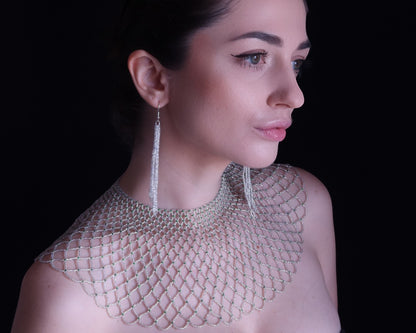 Comely UA "Living Net" kryvulka collar necklace with silver and green Czech seed beads, delicate lattice design.