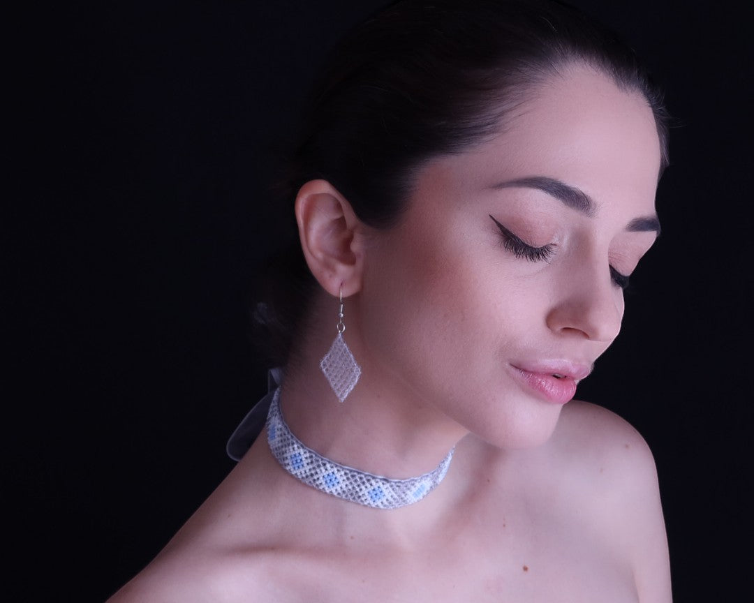 Comely UA "Moon Haze" beaded choker and earrings set with blue and white rhombic pattern, Czech seed beads, velvet ribbon.