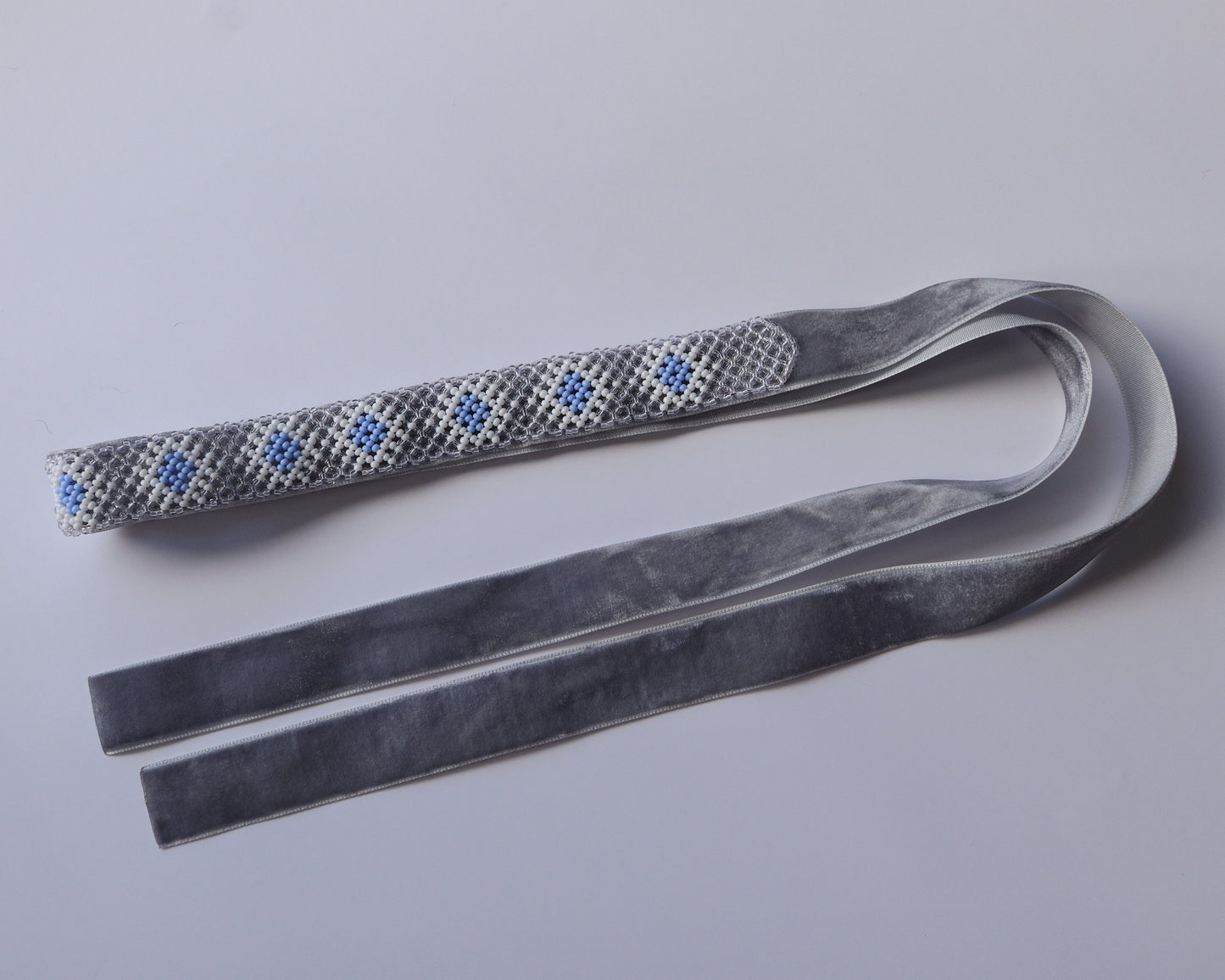 Comely UA "Moon Haze" gerdan necklace with blue and white Czech seed beads and grey velvet ribbon.