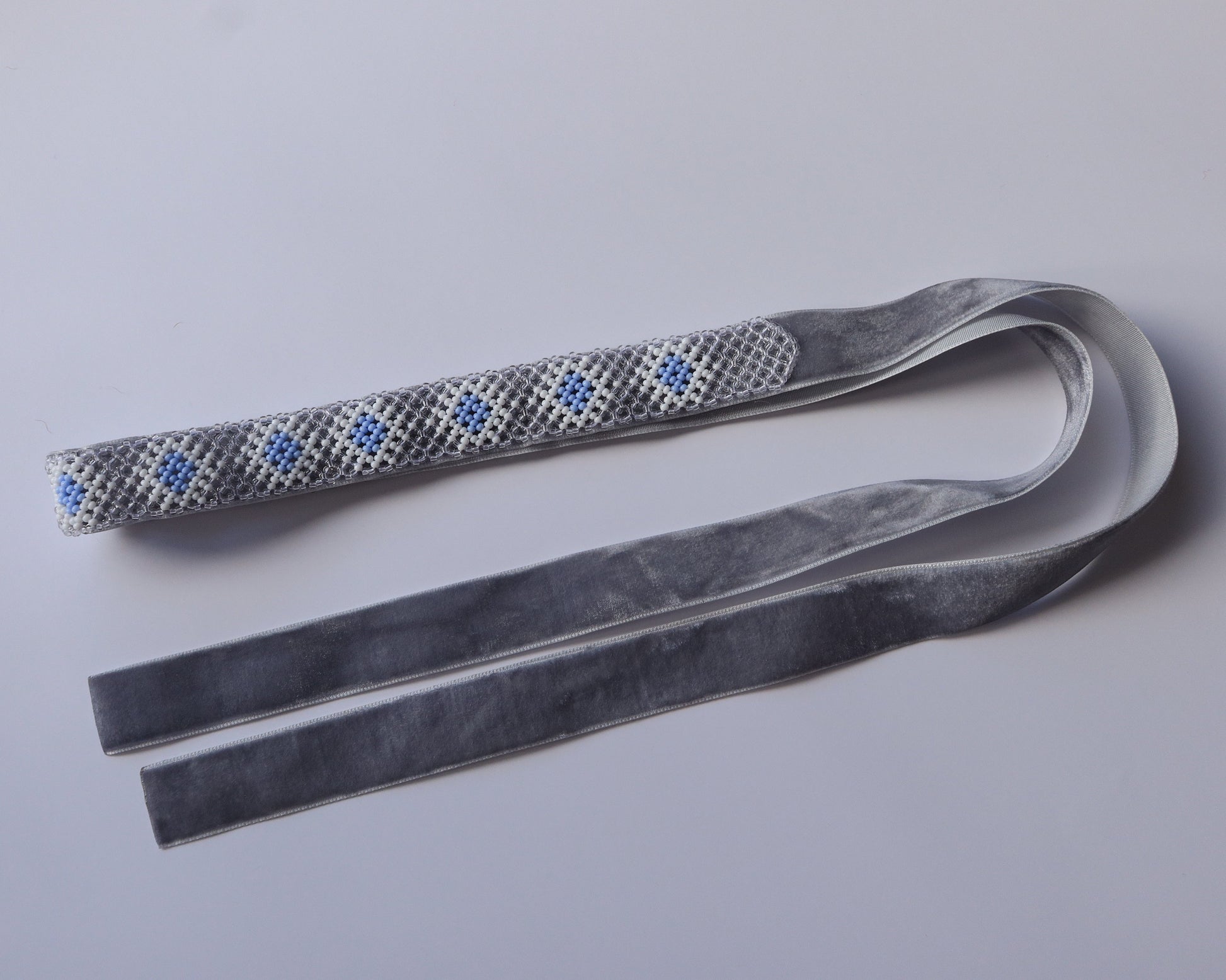 Comely UA "Moon Haze" gerdan necklace with blue and white Czech seed beads and grey velvet ribbon.