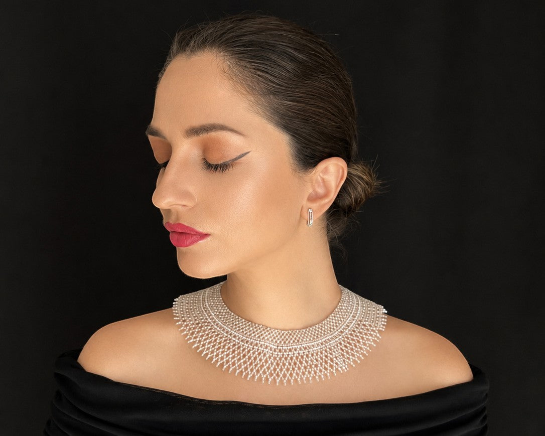 Comely UA "Moonlit Dew" choker necklace in white, silver, and transparent beads. Delicate beaded design.