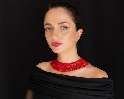 Comely UA red beaded silyanka necklace, a traditional Ukrainian choker with a modern design. Features intricate beadwork.