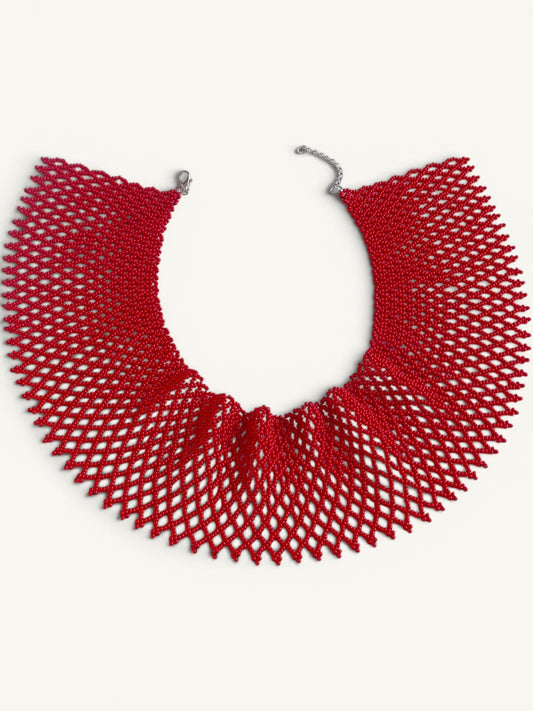 Comely UA red beaded necklace, a traditional Ukrainian silyanka choker with a diamond-shaped net pattern. Features a silver clasp.