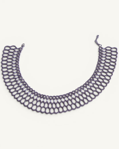 Comely UA silver-gray beaded lace necklace with a honeycomb pattern, inspired by Ukrainian beadwork.