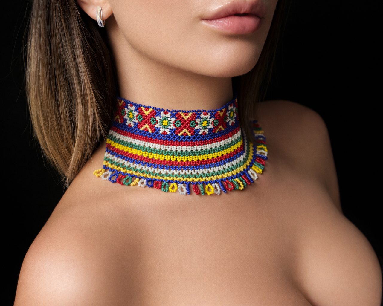 Comely UA two-part silyanka beaded choker necklace with red, yellow, green, blue, and white stripes and floral motifs.