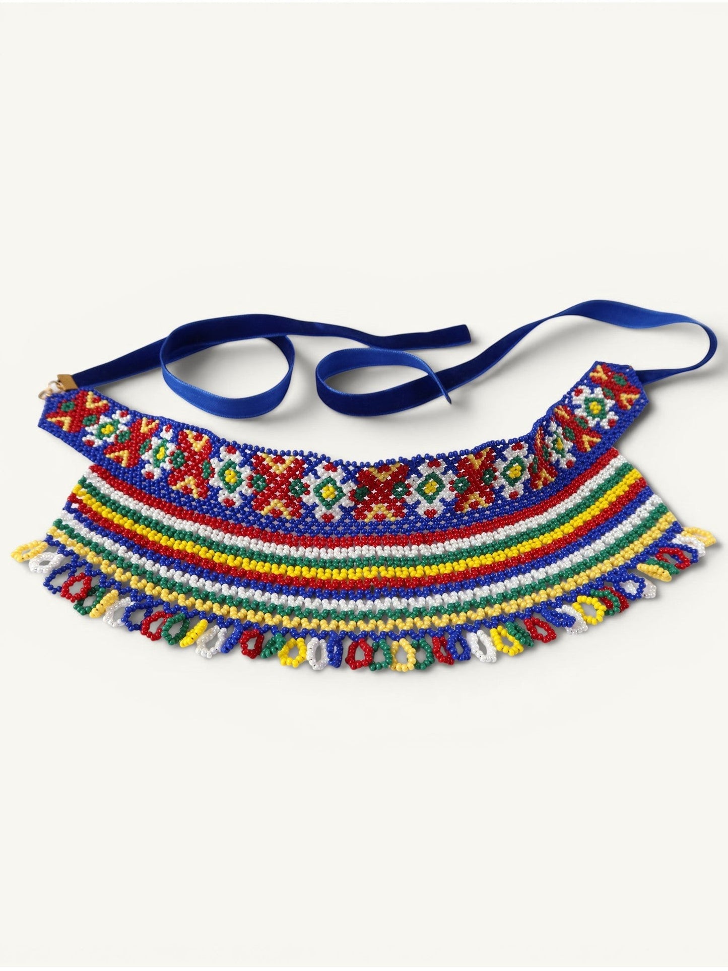 Comely UA two-part silyanka necklace replica with red, yellow, green, blue, and white Czech seed beads and velvet ribbons.