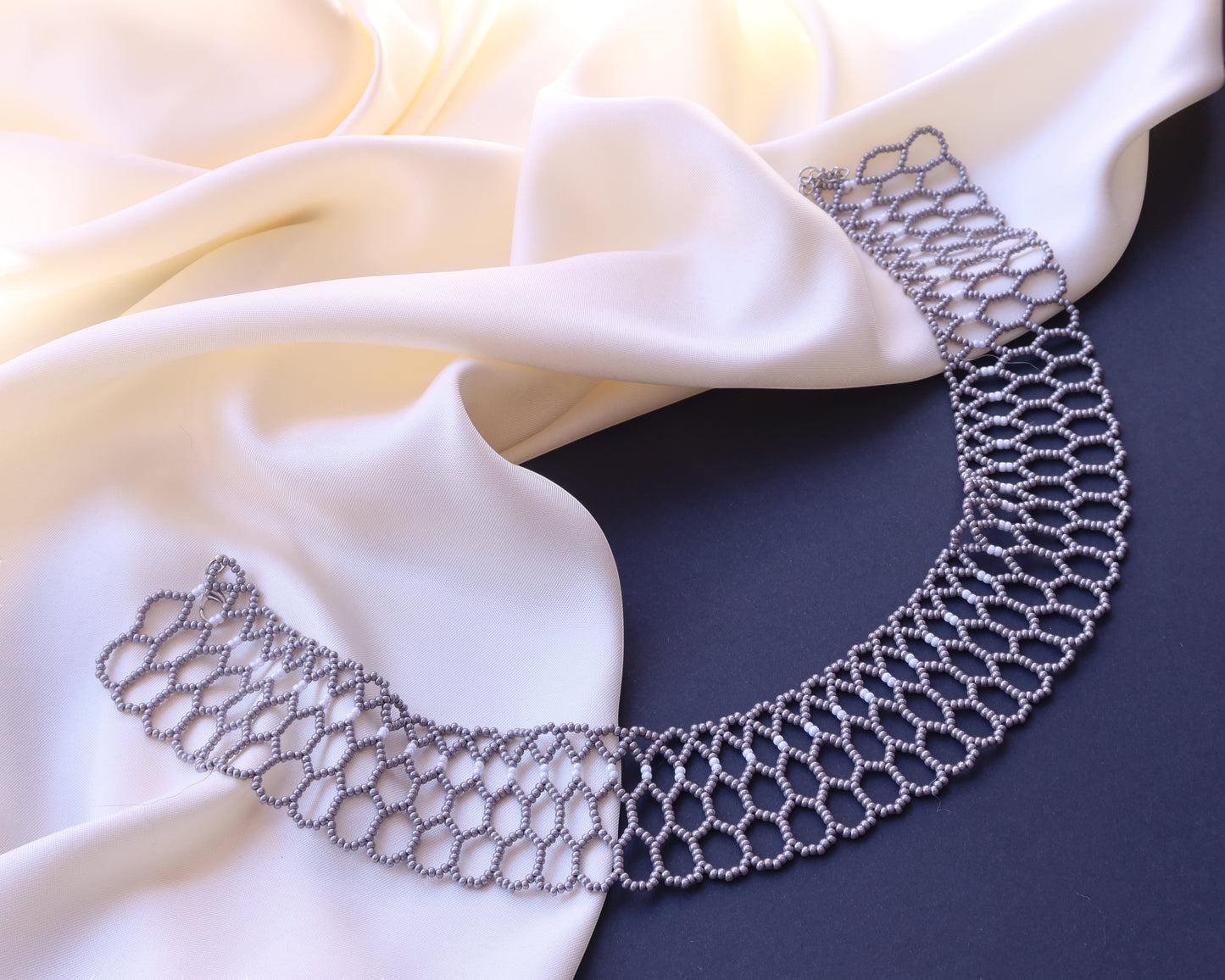 Comely UA Silyanka "Bee Nest" choker necklace, silver-gray Czech seed beads, openwork honeycomb pattern, modern Ukrainian lace.